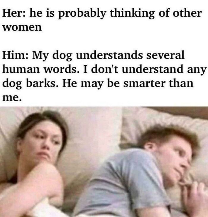 Couple lying in bed with man thinking about how his dog understands words better than he understands dog barks in funny dog meme.