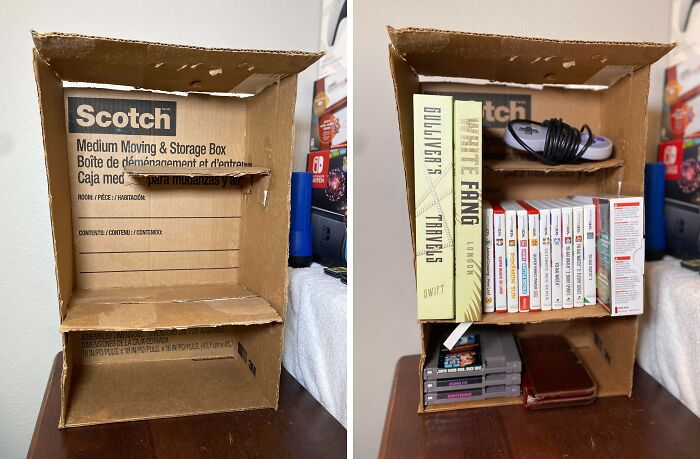 Cardboard shelf storage made by redneck engineers showcasing ingenious creations that combine creativity and practicality.