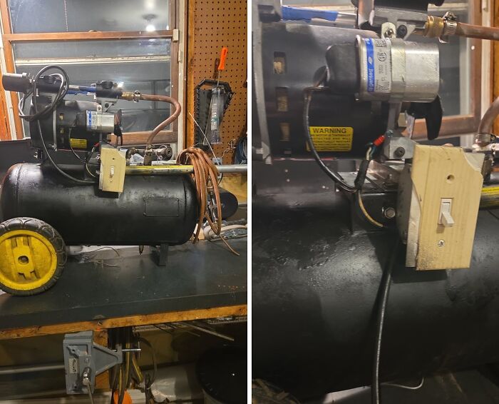 Portable air compressor with a homemade wooden switch mounted on the tank, showcasing redneck engineer creativity.