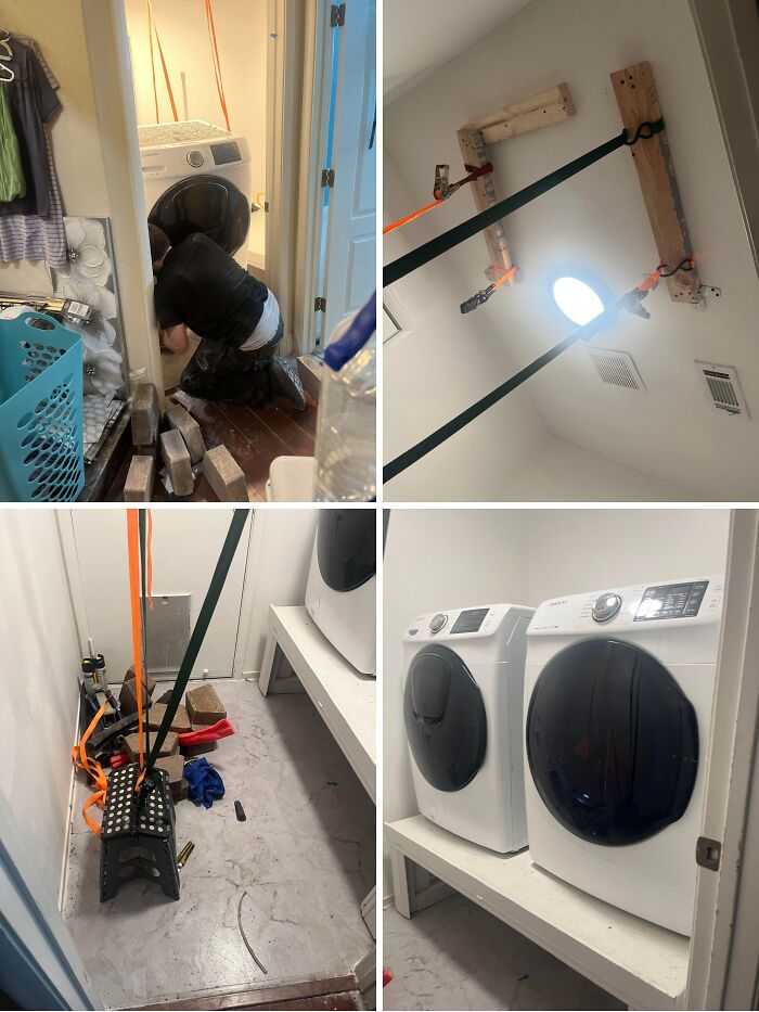 DIY laundry room setup with redneck engineer creations securing washer and dryer using straps and wooden supports.