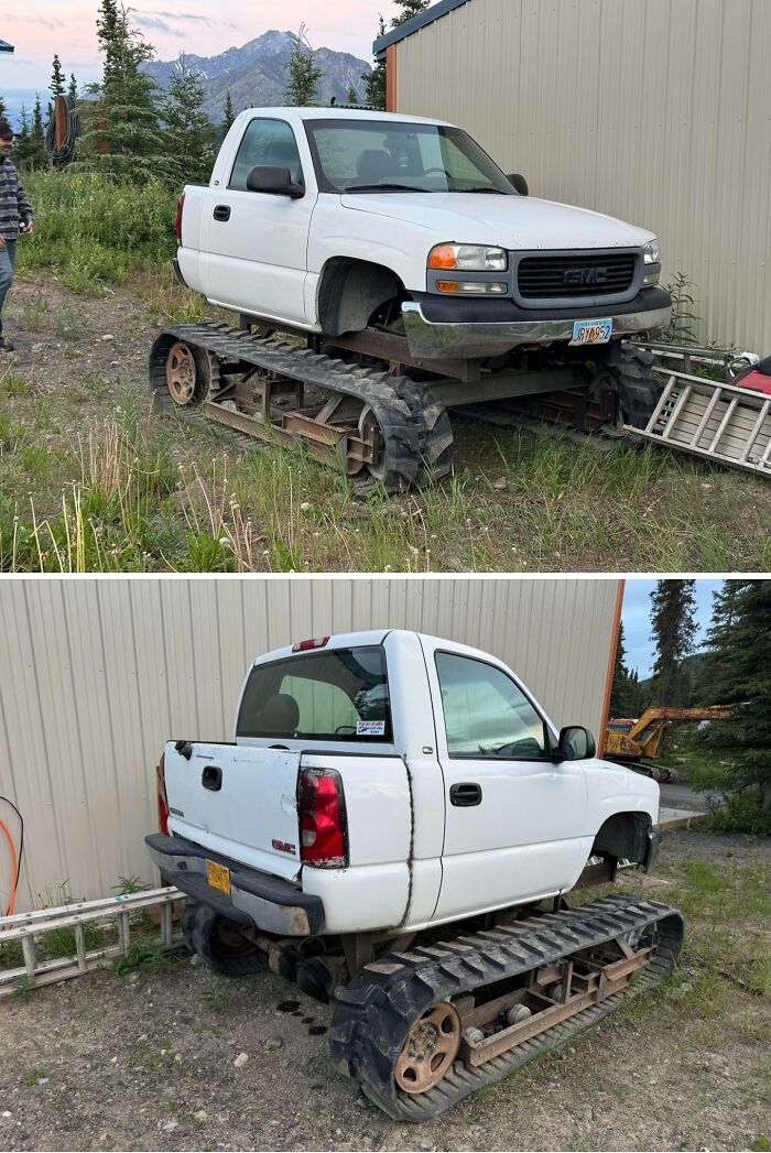 White pickup truck modified with tank-style tracks instead of wheels, showcasing redneck engineer's ingenious creation outdoors.