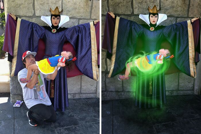 Man and child dressed as Snow White and Evil Queen, creatively turning their dream cosplay into reality and inspiring others online.