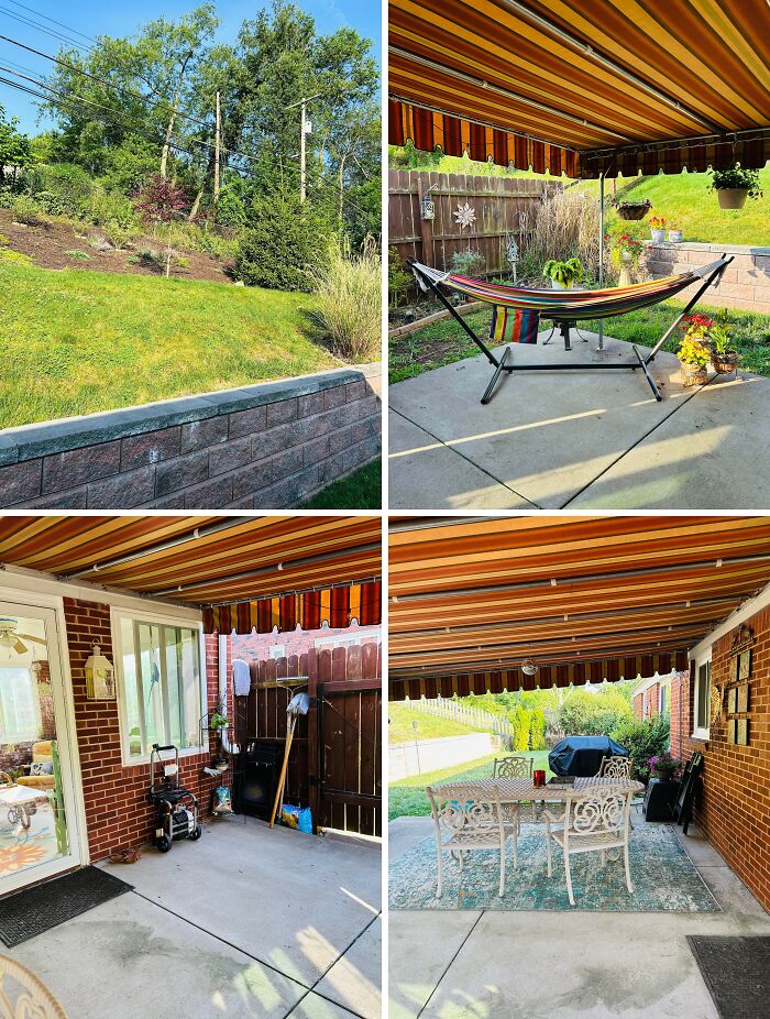 Cozy outdoor patio with hammock, dining area, and garden showcasing big and small dreams turned into reality.