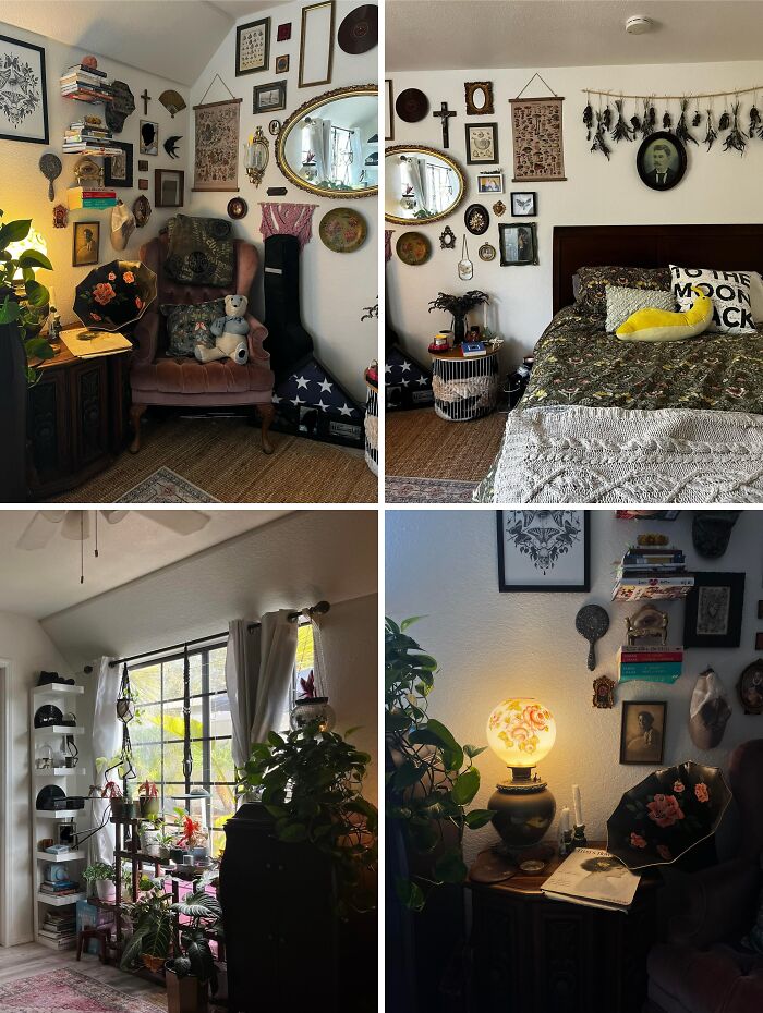 Cozy vintage-inspired bedroom and living space filled with plants and eclectic wall decor, showcasing dream-filled home design.