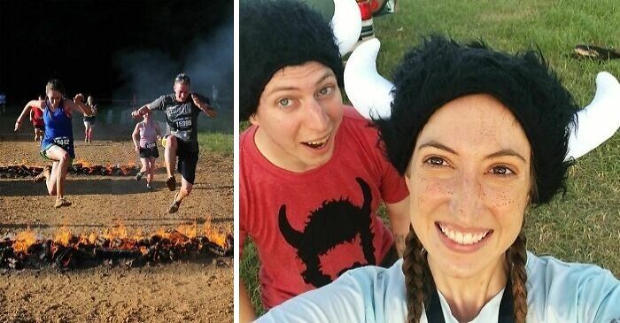Two siblings smiling with viking hats on grass, next to a group running a fire jump in a race, showcasing sibling gratitude.