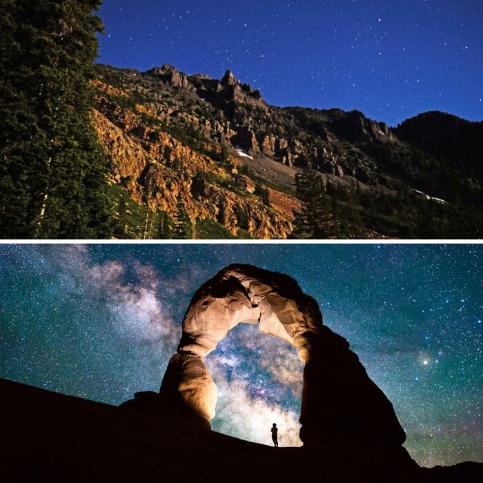 Night sky over rocky mountains and a person standing under an illuminated natural arch, inspiring dreams turned into reality.