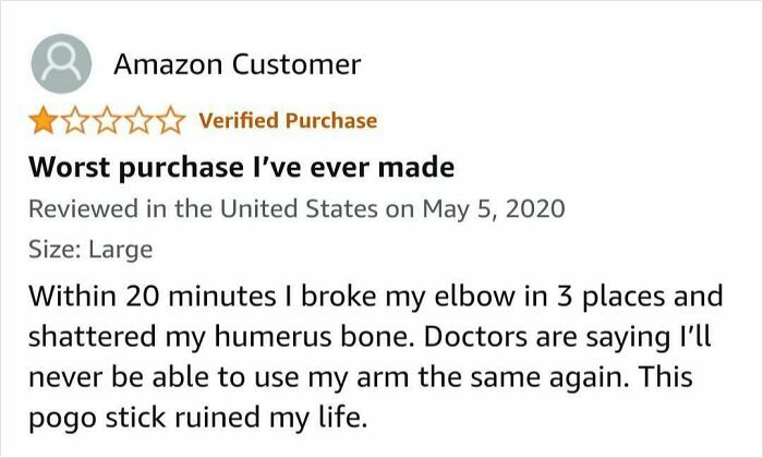 Amazon customer review describing a hilariously unhinged injury from a pogo stick in 80 unhinged reviews.