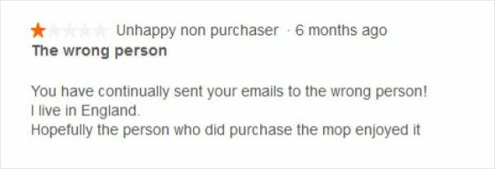 One-star hilarious unhinged review from a non purchaser about emails sent to the wrong person in England.