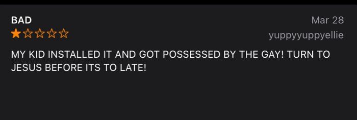 Screenshot of a hilariously unhinged review with a one-star rating warning about a bizarre experience.