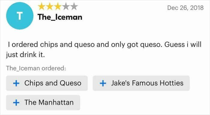 Screenshot of a hilariously unhinged review with a funny complaint about chips and queso in a food order.