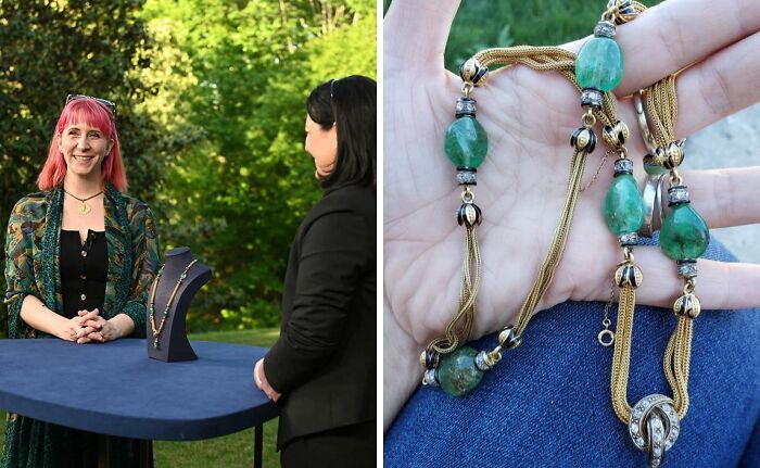 Woman showcasing handcrafted jewelry outdoors, illustrating how people turned their dreams into reality and inspired others online.
