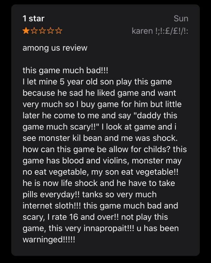 One-star hilariously unhinged review warning about scary game content unsuitable for children.