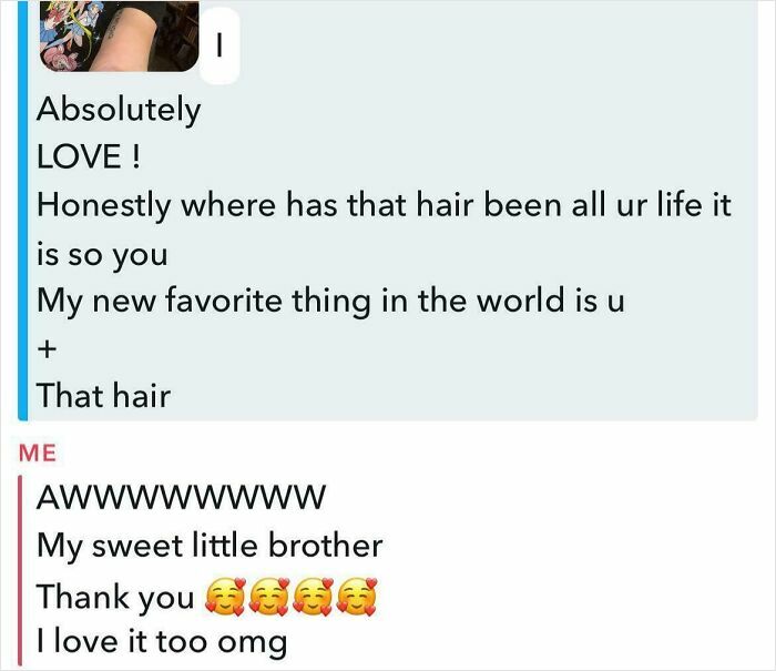 Screenshot of a heartfelt sibling text exchange expressing love and gratitude for each other's hair and support.