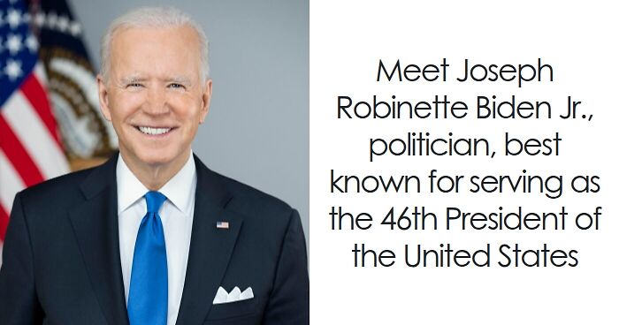 Joe Biden smiling in a suit with American flag background highlighting his bio and career highlights.