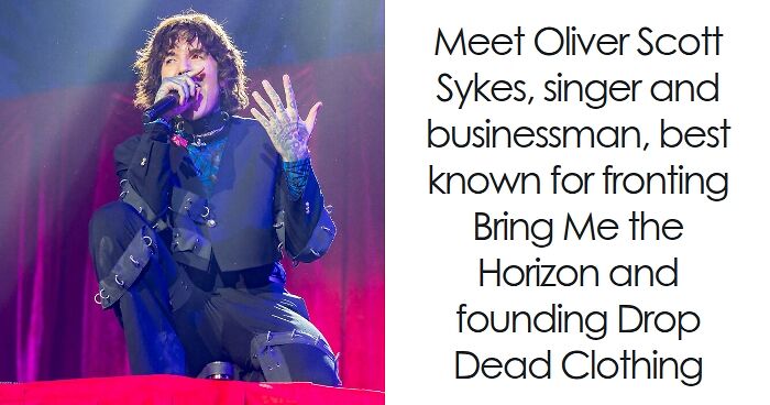 Oliver Sykes performing on stage, dressed in black, known as a singer and businessman in the music industry.