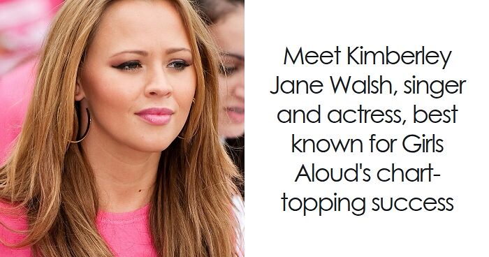 Kimberley Walsh close-up portrait, natural makeup and long hair, highlighting her bio and career highlights as a singer.