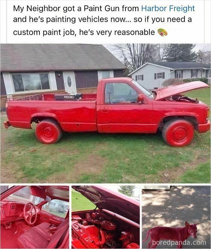 Pickup truck painted entirely red inside and out, showing an attempt to make the car cooler but resulting in a silly outcome.