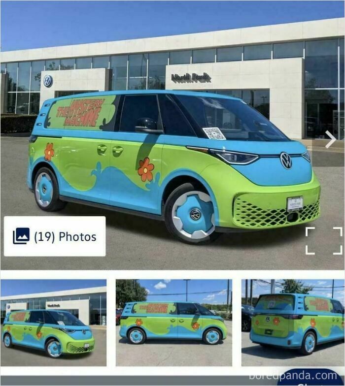 Volkswagen van customized with Scooby-Doo Mystery Machine design in a failed attempt to make the car cooler.