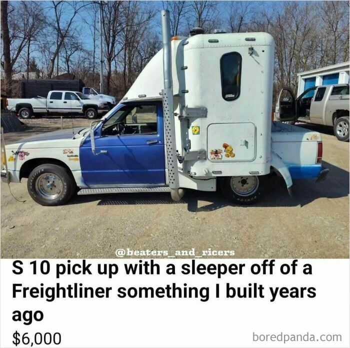 S 10 pickup truck modified with a Freightliner sleeper, an example of stupidity on wheels car modifications.