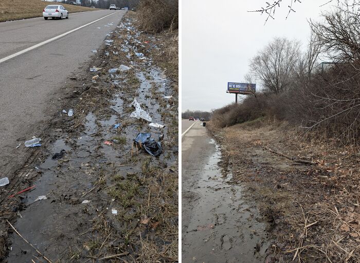 Before and after photos of roadside cleanup showing a trash-filled muddy verge transformed into a clean natural area, wholesome internet moment
