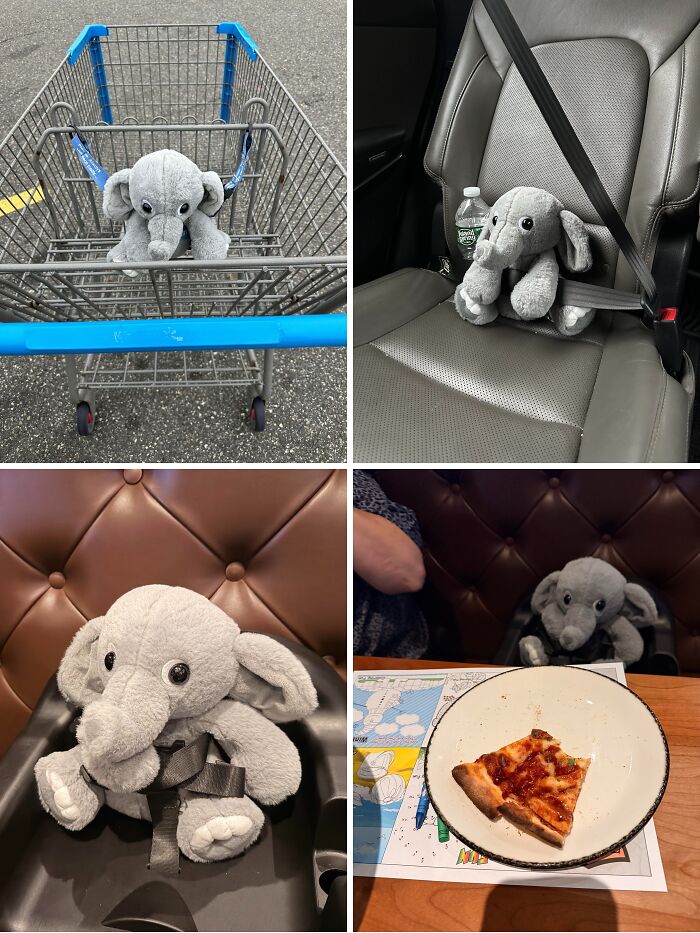 Plush elephant safely seated in shopping cart, car seat, high chair, and restaurant booth showing wholesome internet moments.
