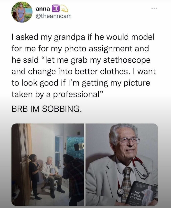 Grandpa models professionally for granddaughter’s photo assignment, showcasing wholesome internet moments that brighten the online world.