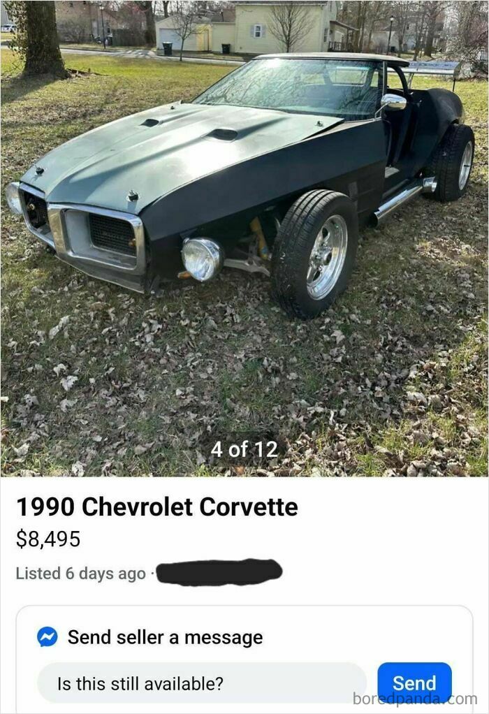 Modified 1990 Chevrolet Corvette with unusual body and oversized wheels parked on grass, example of stupidity on wheels.