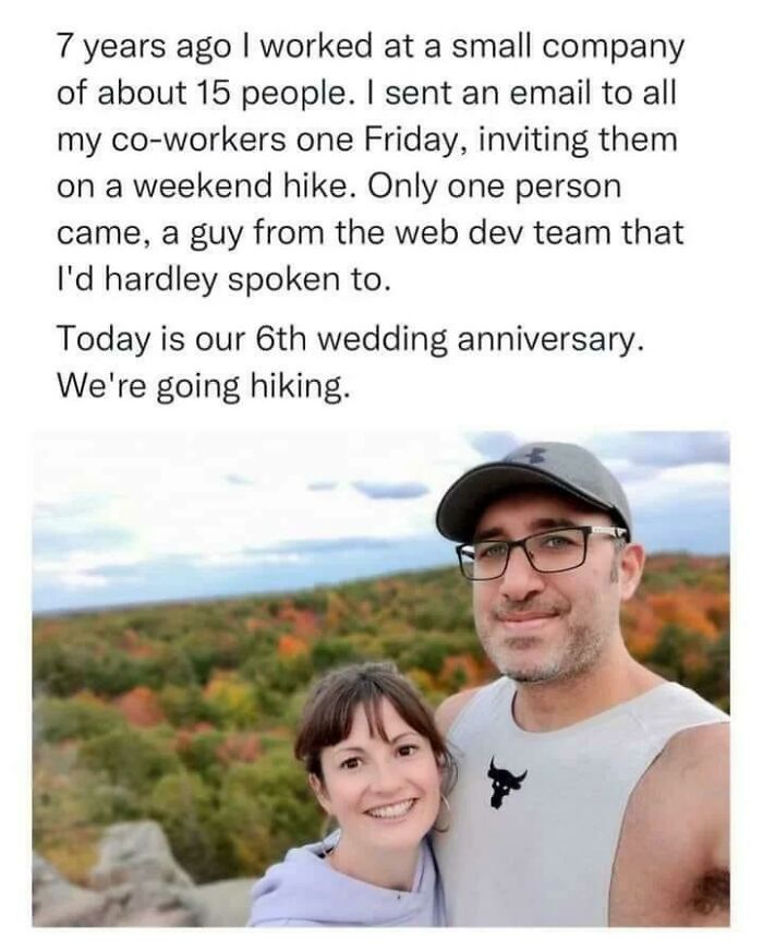 Couple celebrating 6th wedding anniversary hiking outdoors, a wholesome internet moment showing connection from an online world.