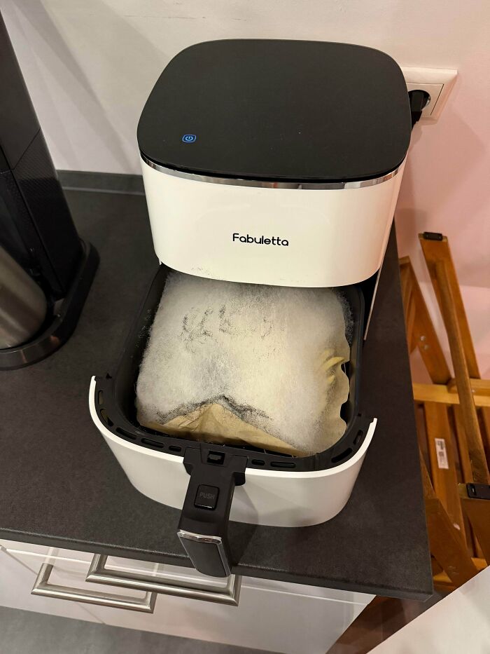 Air fryer with moldy food inside on a kitchen counter, illustrating forbidden foods to resist eating for health.