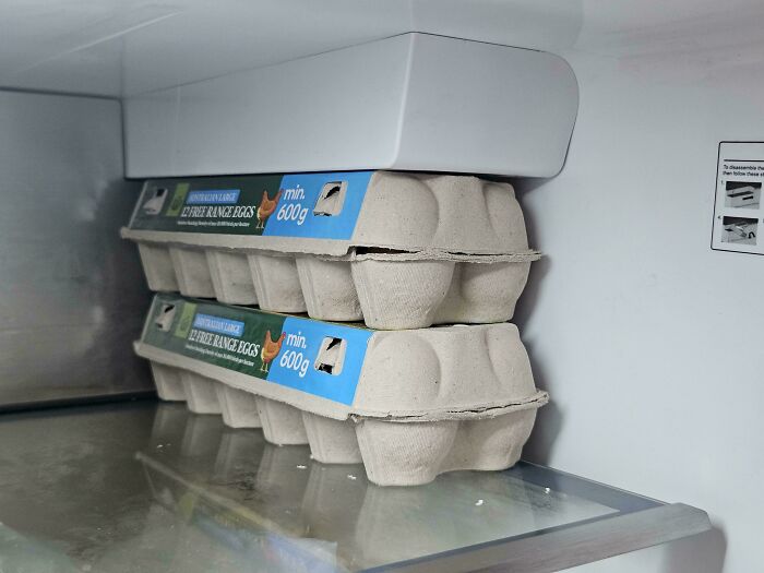 Two perfectly aligned egg cartons stacked inside a refrigerator shelf showcasing things aligned perfectly.