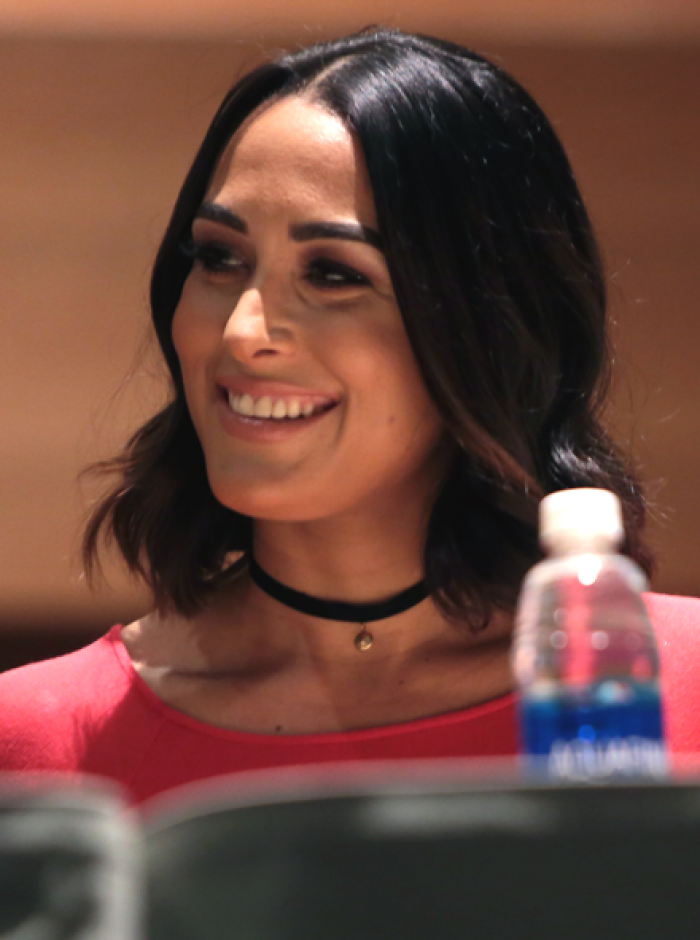 Brie Bella smiling and wearing a red top and black choker during a public event, highlighting her career presence.
