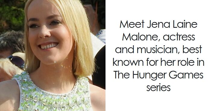 Jena Malone smiling outdoors wearing a light-colored dress, highlighting her bio and career highlights.