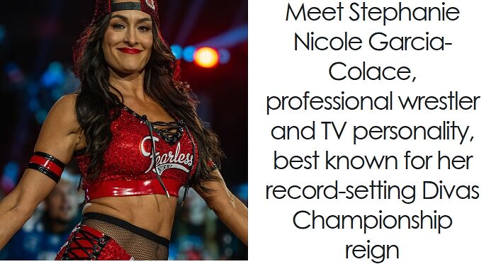 Nikki Bella in wrestling gear, smiling confidently during a live event highlighting her bio and career achievements.