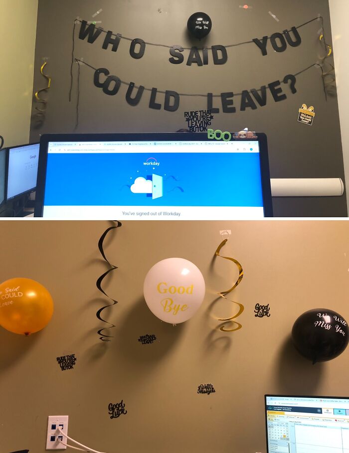 Office prank decorations with balloons and signs showing a humorous employee walkout farewell prank setup.
