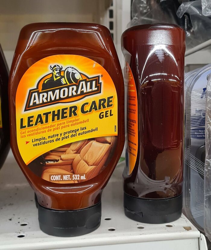 Armor All leather care gel bottle on store shelf, unrelated to forbidden foods to resist eating.