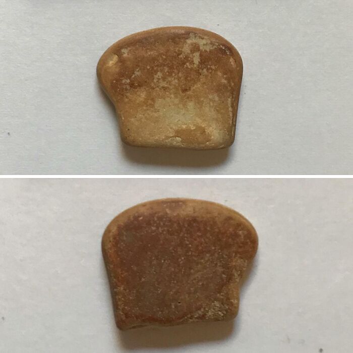 Two close-up views of a small forbidden food shaped like a slice of bread, highlighting texture and color details.