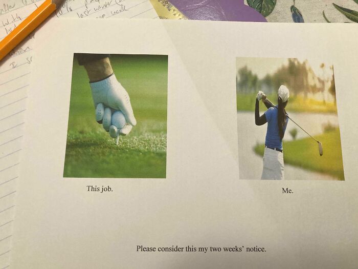 Funny resignation note with golf images showing employee’s joke prank as a creative two weeks’ notice message
