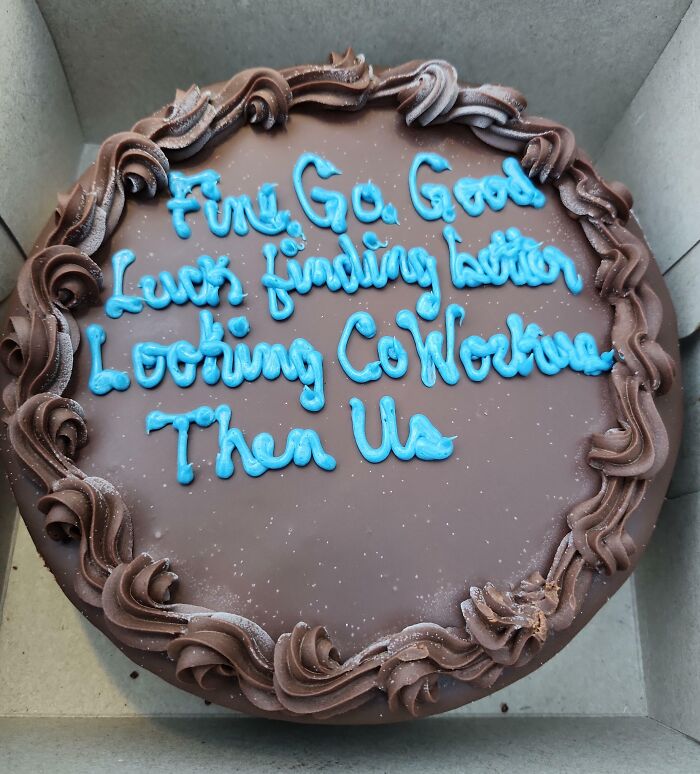 Chocolate farewell cake with a humorous message, highlighting jokes and pranks by employees walking out with zero regrets.