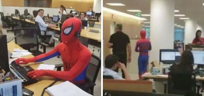 Employee dressed as Spider-Man working at office desk and walking away in prank among coworkers in workplace setting.