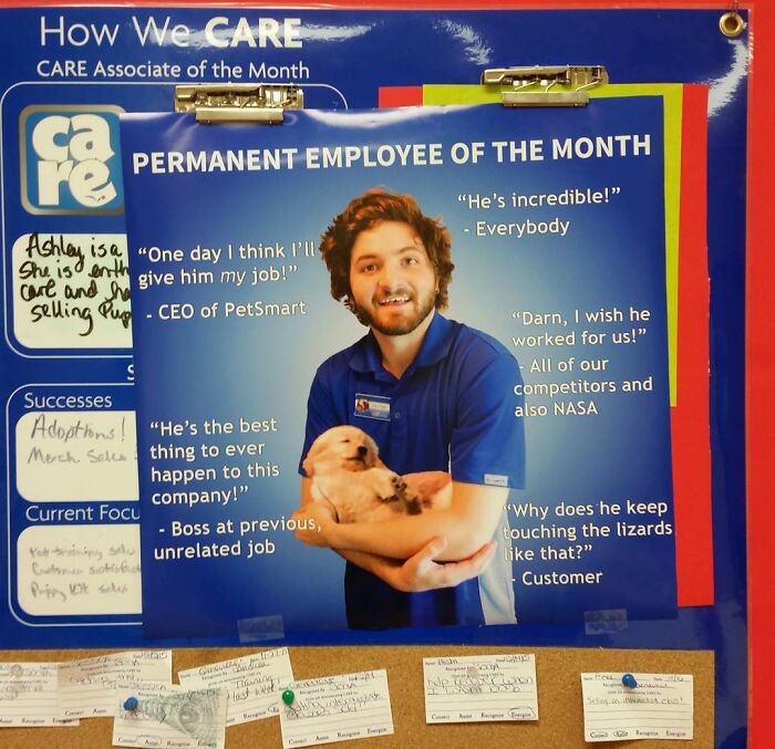 Employee holding puppy on permanent employee of the month poster with funny quotes showcasing workplace jokes and pranks.