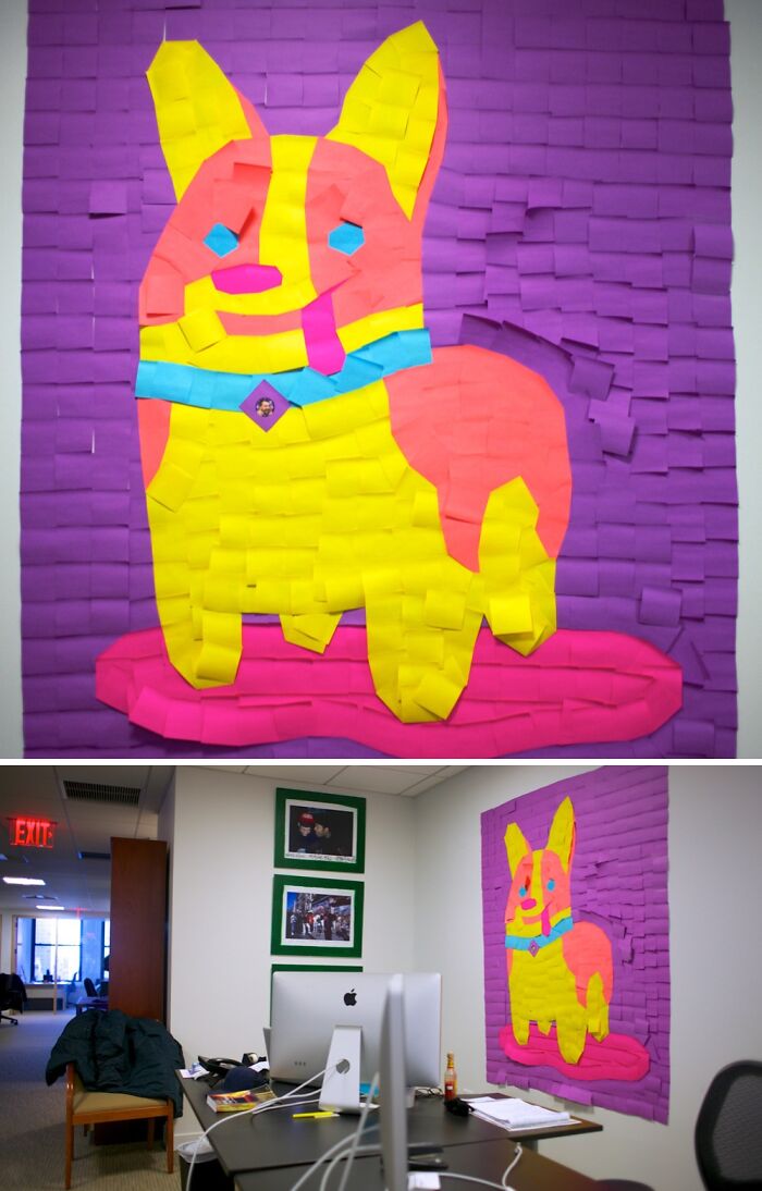 Colorful dog made of sticky notes on office wall, a creative prank by employees who walked out with jokes and zero regrets.