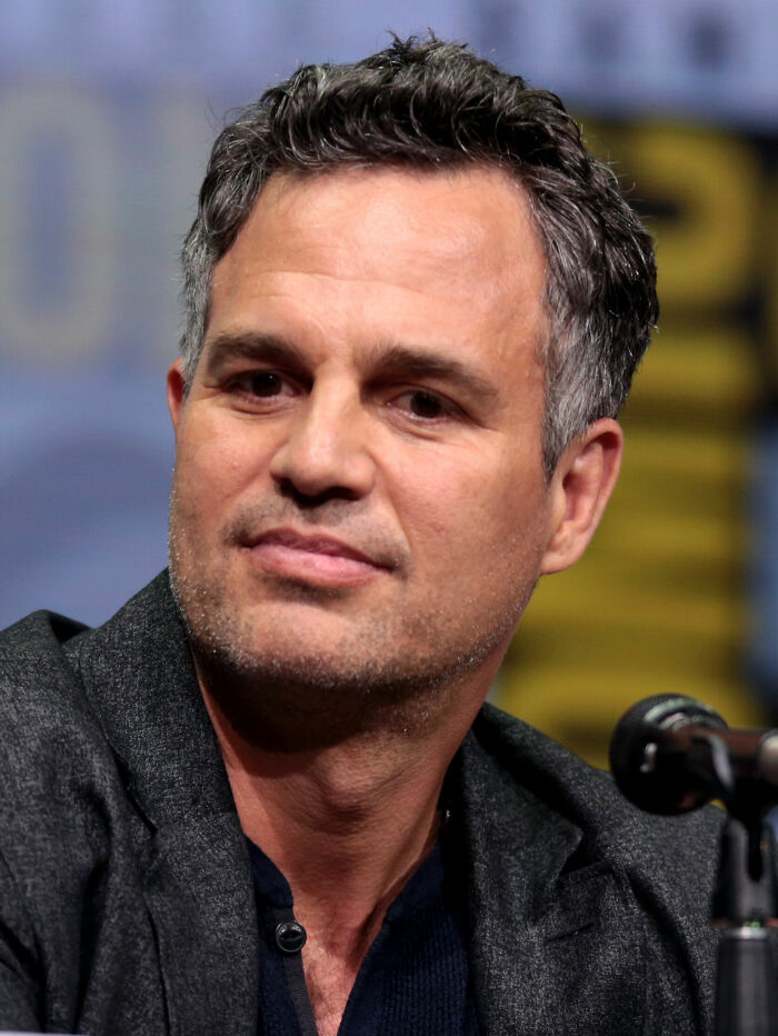 Mark Ruffalo speaking at a panel event, wearing a dark blazer and navy shirt, focusing on his bio and career highlights.