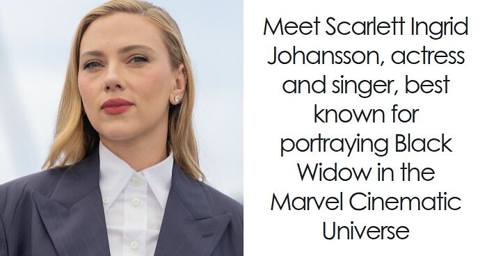 Scarlett Johansson posing outdoors in a professional suit, highlighting her bio and career achievements as an actress.
