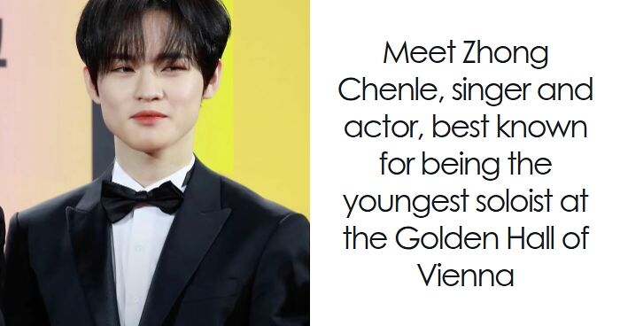 Chenle wearing a black tuxedo and bow tie, highlighting his bio and career highlights as a singer and actor.