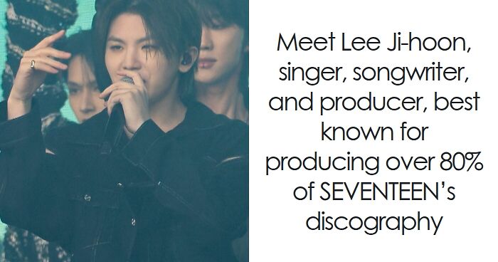 Woozi performing on stage, holding a microphone, recognized as a singer and producer in K-pop industry.