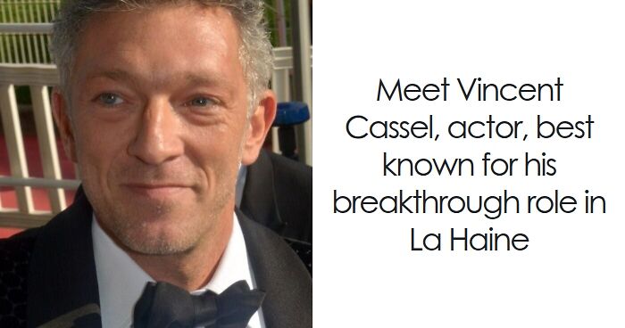 Vincent Cassel wearing a tuxedo, smiling at an event, highlighting his bio and career highlights as an actor.