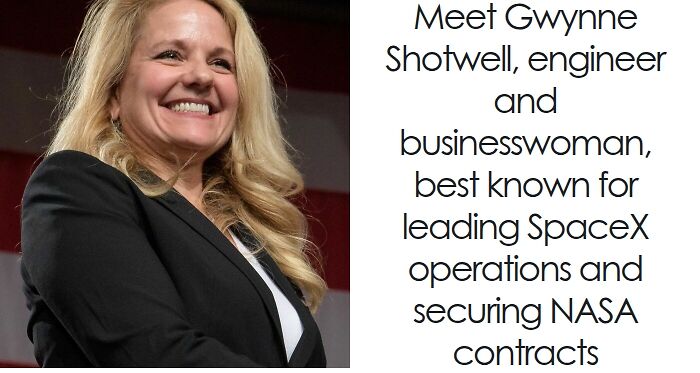 Gwynne Shotwell smiling in a black blazer, known for her bio and career highlights in SpaceX leadership and NASA contracts.