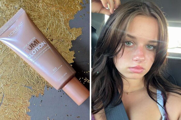 L'Oreal True Match Lumi Glow enhancing lotion as a Black Friday stocking stuffer deal with a young woman selfie.