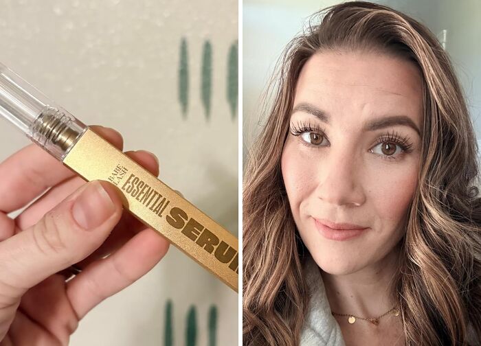 Close-up of a hand holding an essential serum pen alongside a woman with styled hair and natural makeup for stocking stuffers deals.