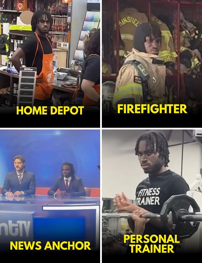 Young man shown in diverse roles including Home Depot worker, firefighter, news anchor, and personal trainer, highlighting career versatility spill now.